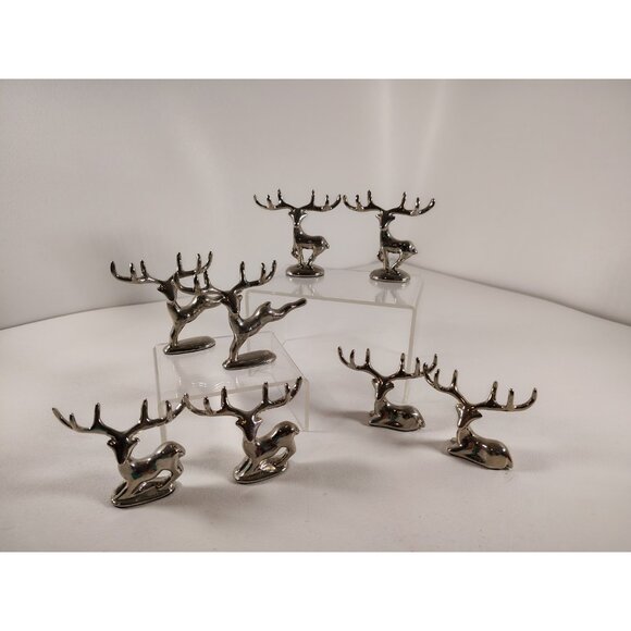 POTTERY BARN *SET OF 8* PRANCING REINDEER SILVER PLACECARD HOLDERS - Picture 1 of 8